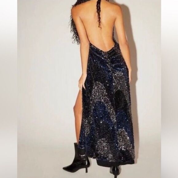 FREE PEOPLE Glitter & Gold Sequin Velvet Midi Dress Blue Black Size Medium‎ New - Picture 3 of 16